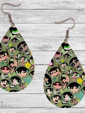 Powerpuff Girls Earrings: 90's Cartoon Wooden Teardrop Hypoallergenic Earrings
